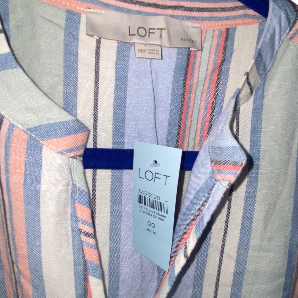Loft Dress Womens 00P‎ Pastel Linen Blend Striped Tiered Button V Neck Ruffles - Picture 2 of 3